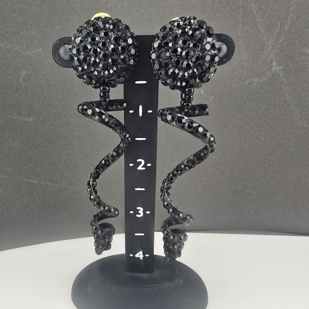Vintage Signed Earrings Black Beaded Spiral Dangle Clip On Statement 4.5in